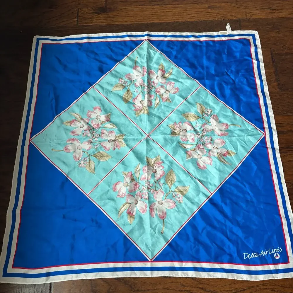 VTG Delta Air Lines Flight Uniform Stewardess Silk Scarf Dogwood Flower